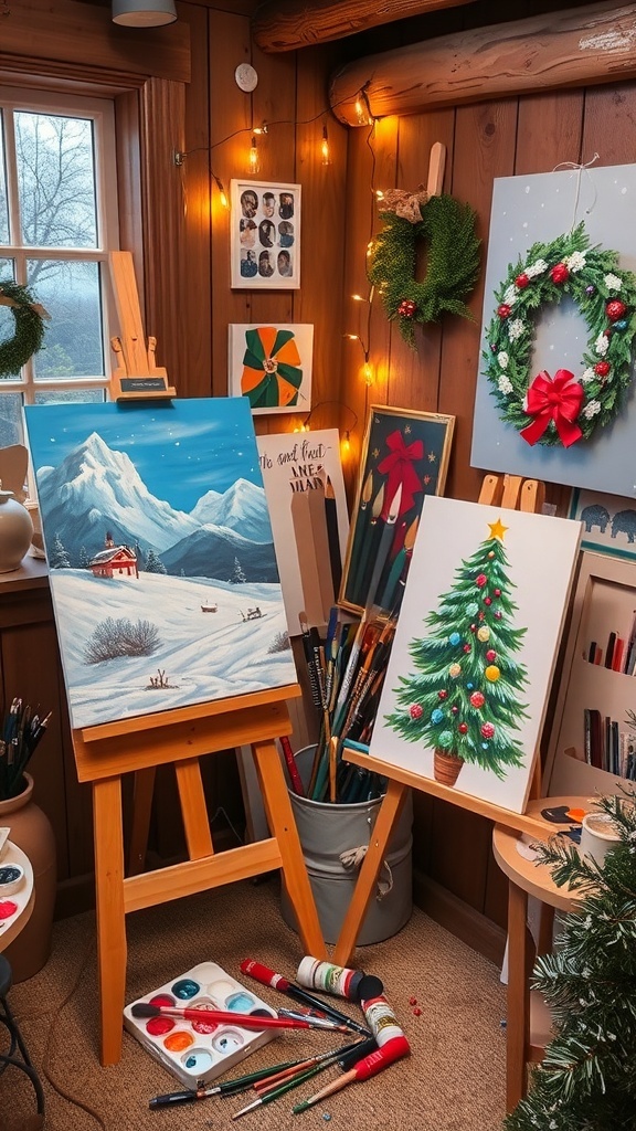 An art studio with Christmas paintings, including a snowy landscape, Christmas tree, and wreath, decorated with fairy lights.